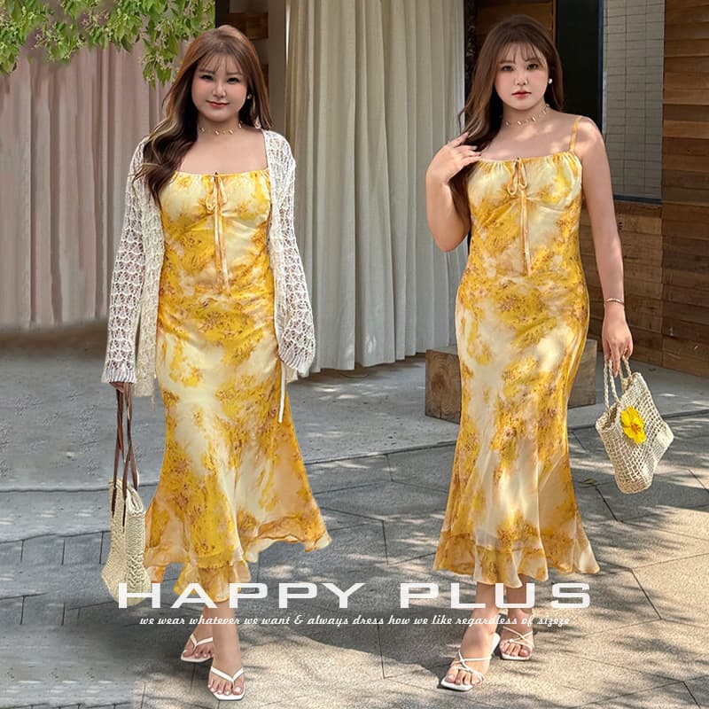 Runqi large size beautiful printed yellow skirt 9564 gold sand tide lace bias cut fishtail suspender skirt plus size women's clothing