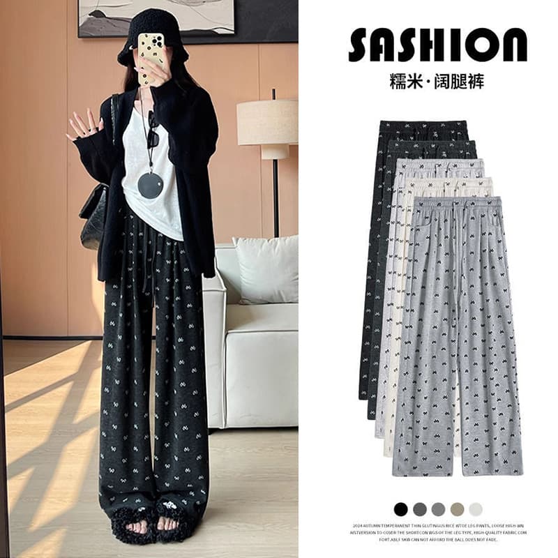 2025 New Printed Pocket Women's Soft High-Waist Flowy Loose Casual Wide-Leg Pants for Petite