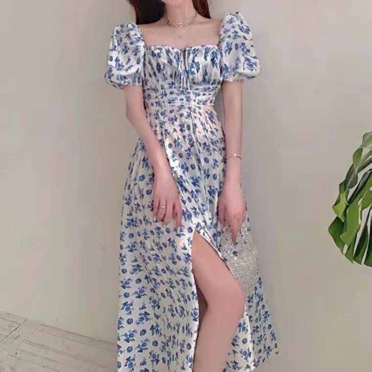 Cross-border Blue Floral Dress Women Summer New Long Split Skirt Elegant Design Tea Party French Dress