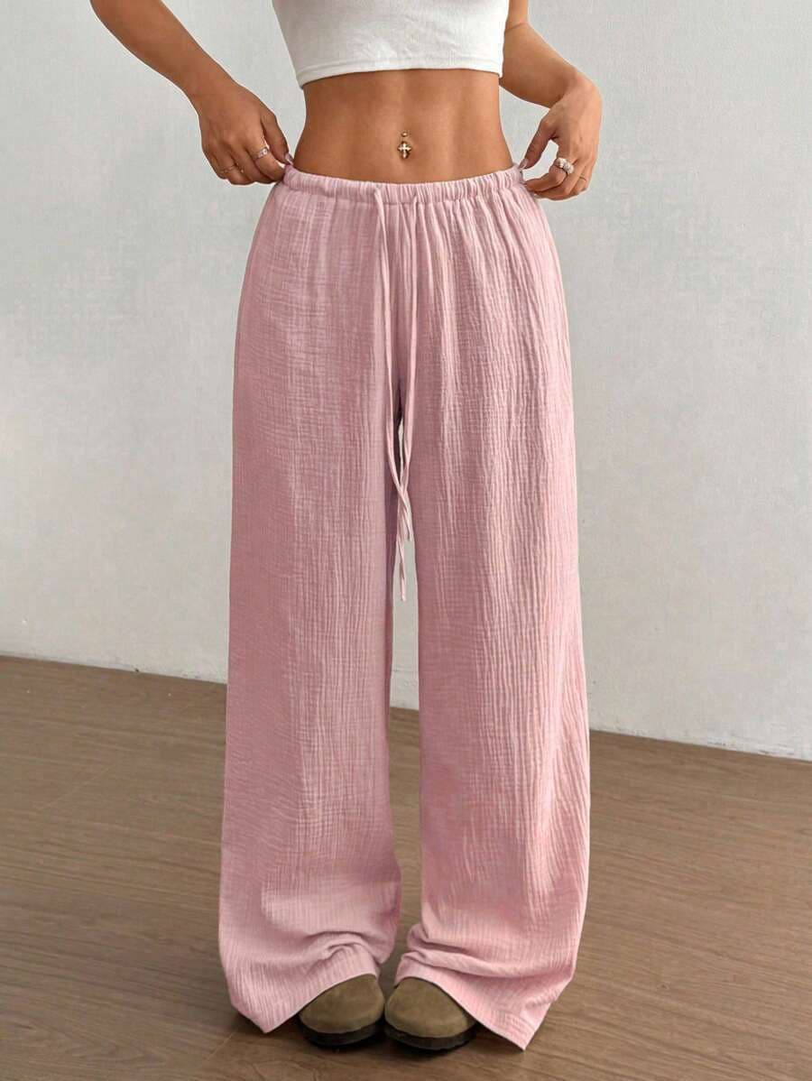 2025 Europe and America Cross-Border High-Waist Wide-Leg Pants for Women Solid Color Elastic Waist Loose Casual Trousers Comfortable Versatile Beach Pants