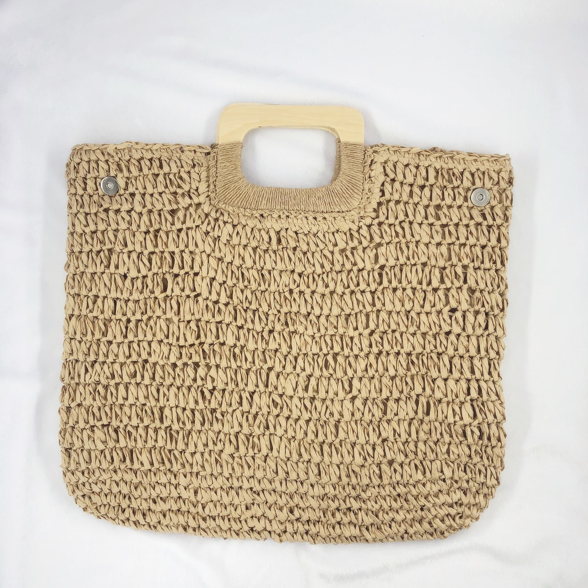 One piece drop-shipping straw bag Factory straight square wooden handle woven bag Beach bag