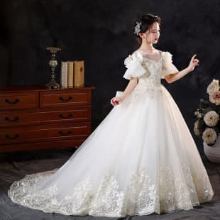 Flower Girl Wedding Dress, High-End Puffy Princess Gown with Train, Birthday Party Host Children's Performance Outfit