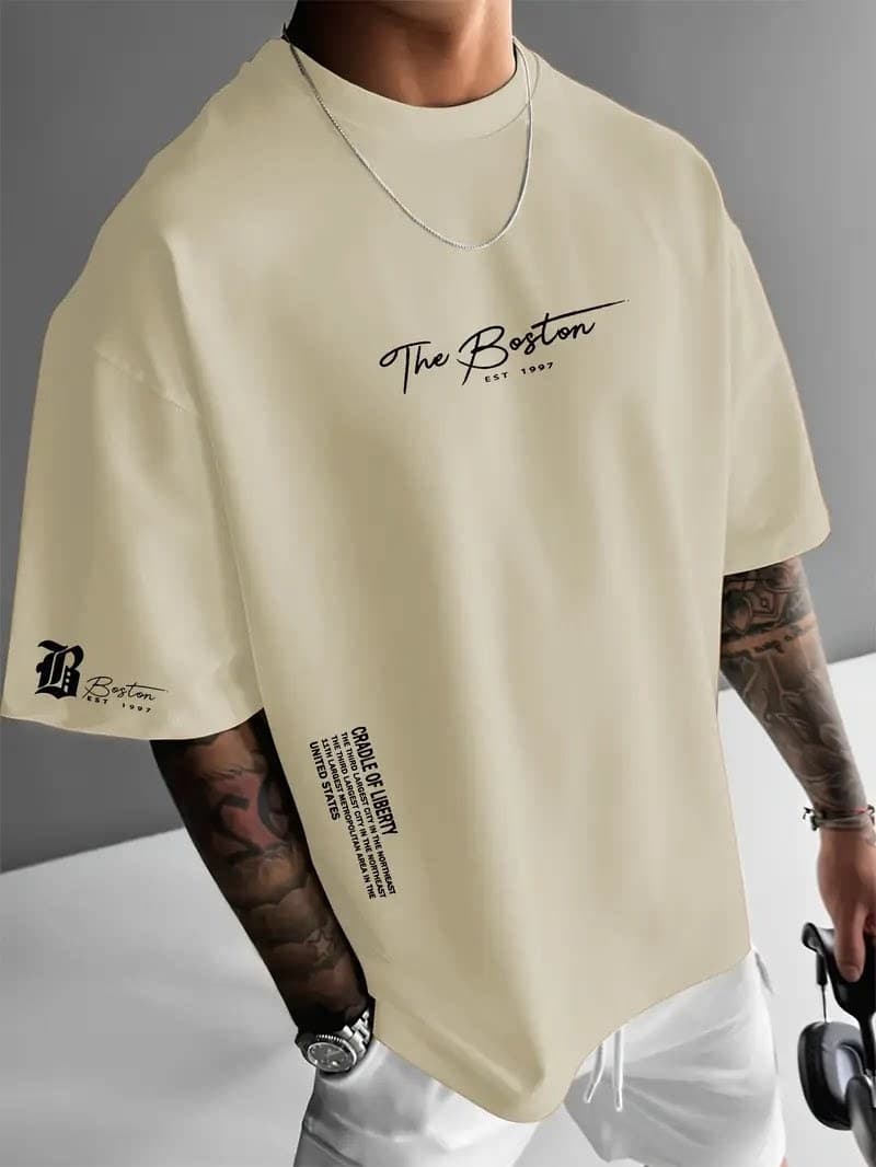 New Cross-Border Trendy Men's Round Neck Loose Casual Letter Graphic Short Sleeve T-Shirt Top EU Size