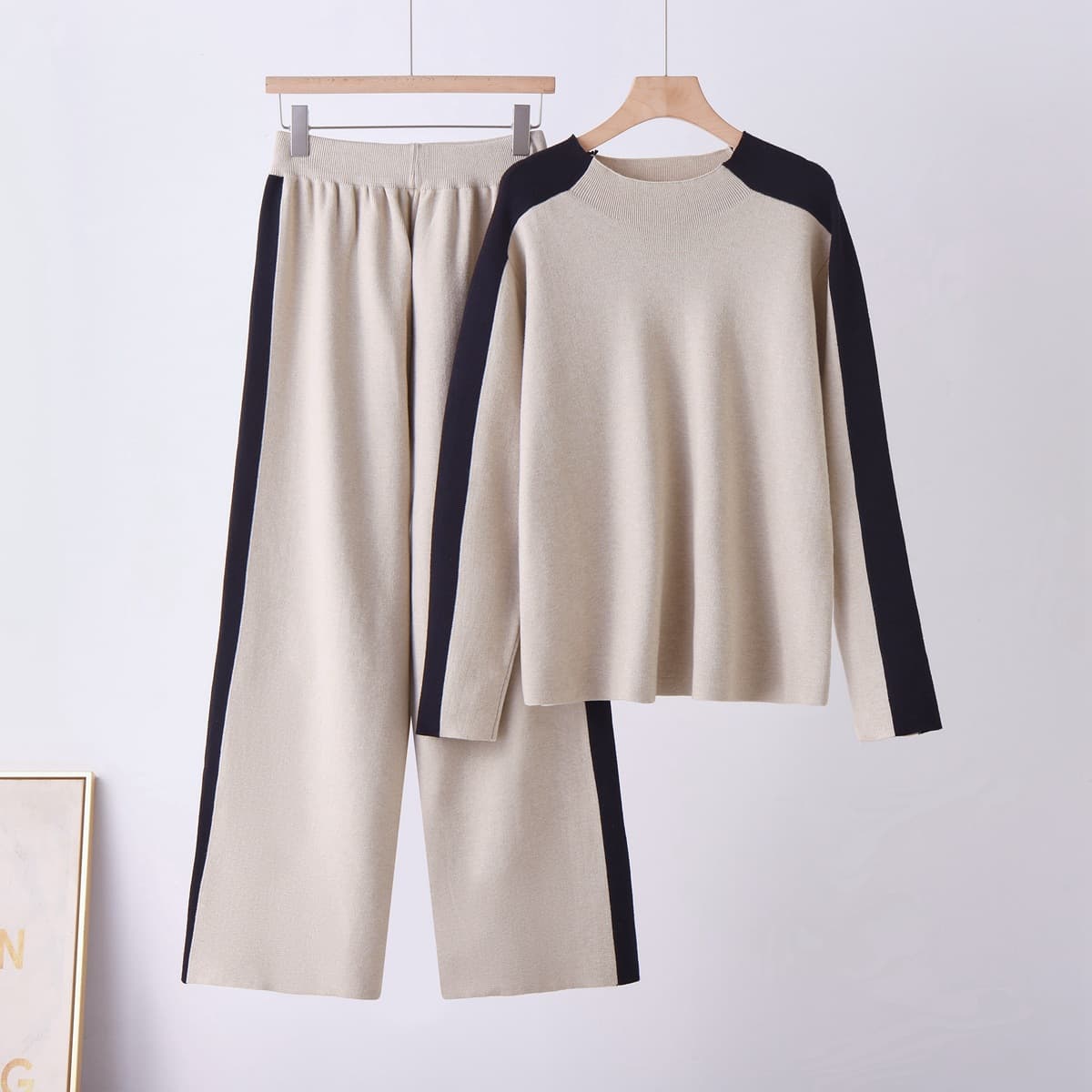 New Fashion Loose Knit Sweater and High-Waist Contrast Color Wide-Leg Pants Two-Piece Set for Women, Cross-Border Trade