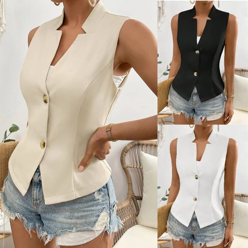 European and American Cross-Border 2026 Amazon Foreign Trade V-Neck Buttoned Sleeveless Cardigan Shirt Vest Blazer Top