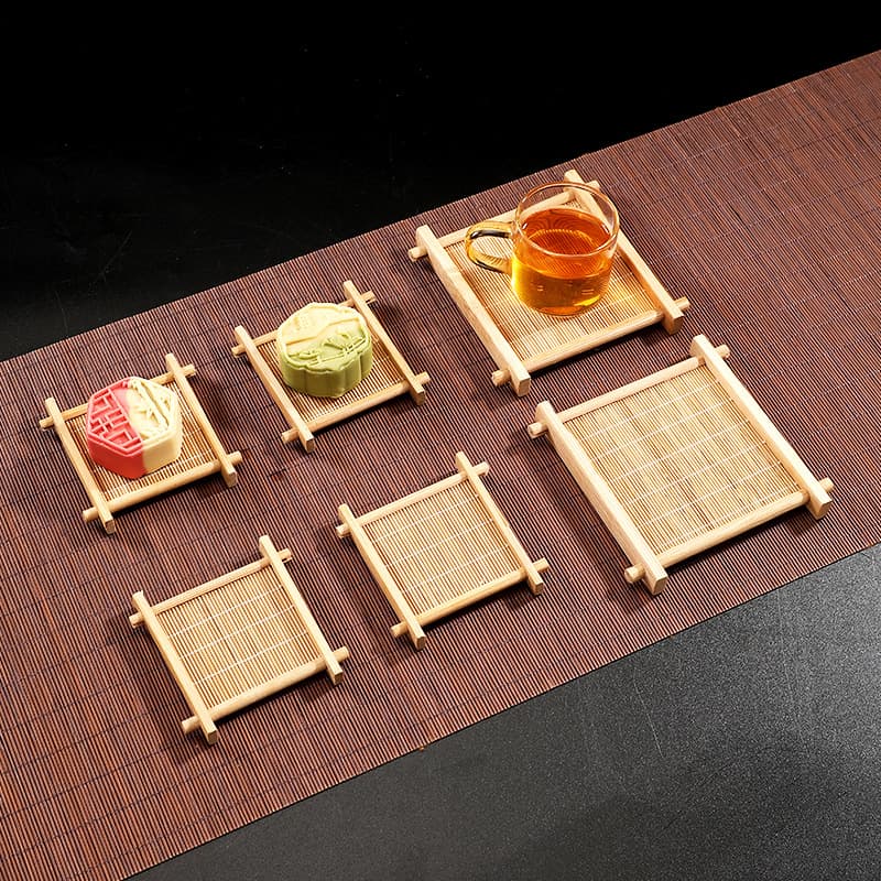 Bamboo Well-Pattern Tea Snack Tray, Chinese Stove-Side Dessert Plate, Retro Cup Coaster and Stand with Woven Display Tray