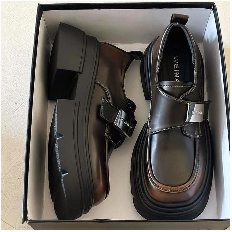 French Metal Buckle Mary Jane Leather Shoes 2026 Spring/Autumn New Thick Sole Retro British Style Loafers