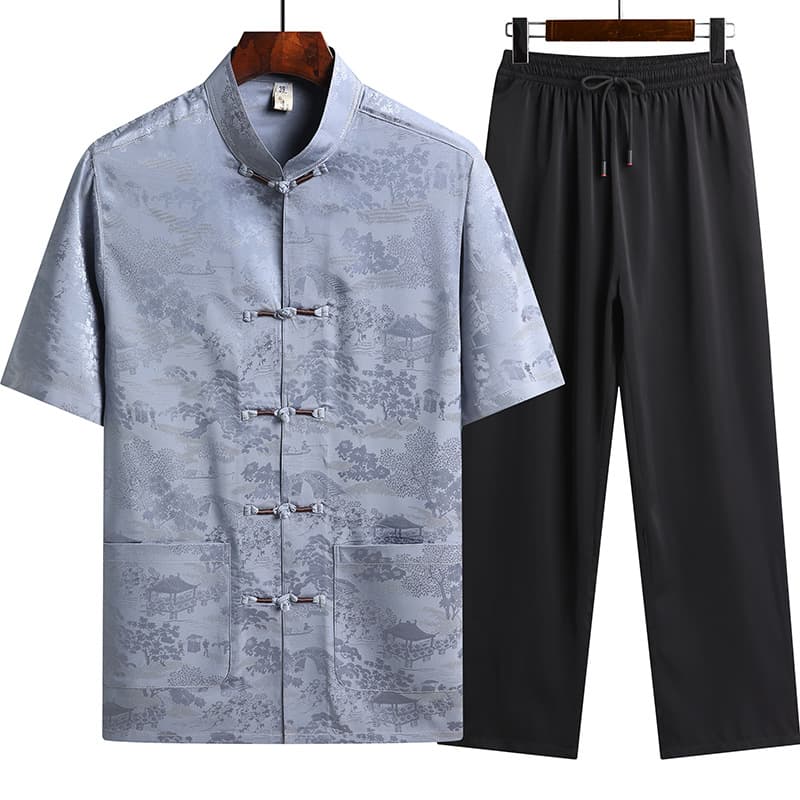 Gambiered Guangdong Gauze Tang Suit Men Middle-aged and Elderly Summer Short-sleeve Set Dad Calligraphy Thin Shirt Chinese-style Hanfu Grandpa Outfit