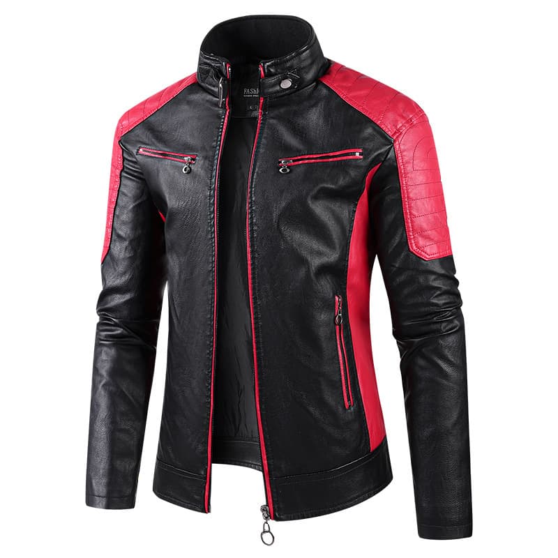 European size men's leather jacket, foreign trade, cross-border e-commerce, Amazon men's stand-up collar color-block zip-up cardigan, fashionable and casual leather jacket.