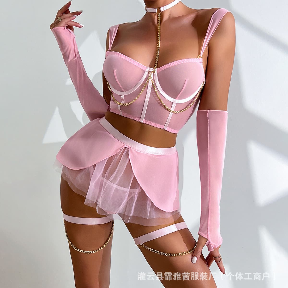 European and American Plus Size Push-up Halter Bodysuit with Thong Set Sheer Mesh Short Skirt Women's Sleepwear