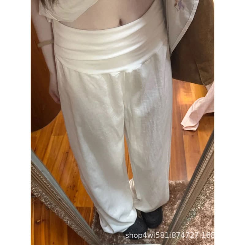 White Linen Wide-Leg Pants for Women Summer Thin Old Money Style Cotton Linen Pants Petite Low-Waist Straight Loose Sweatpants