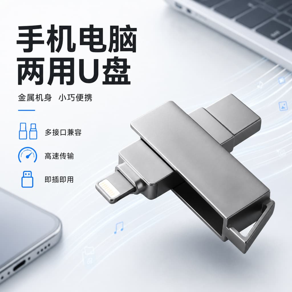 Metal Rotating USB Flash Drive 128GB Dual Interface for iPhone and Computer, Large Capacity