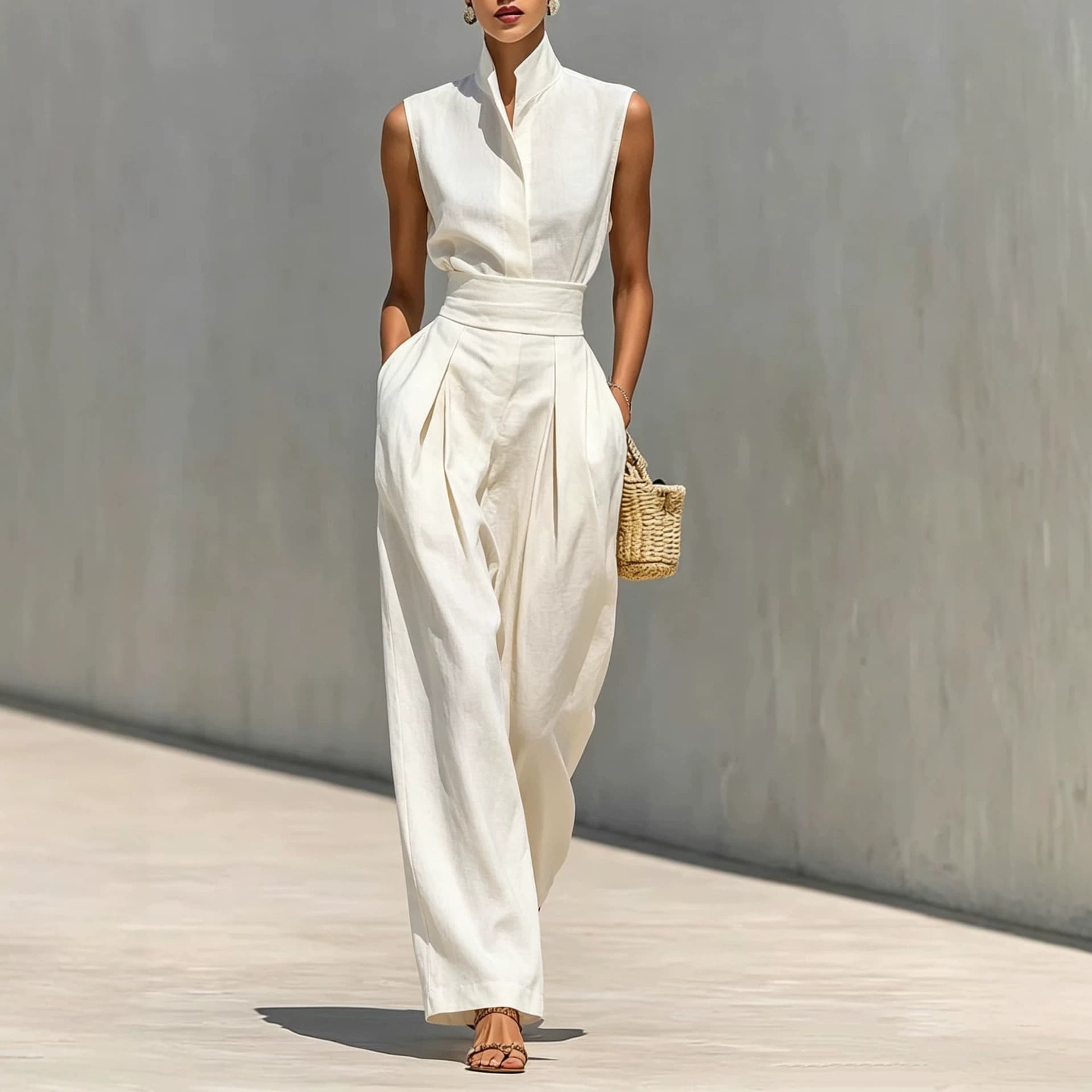2026 New Cross-Border EU/US Elegant Summer Commute Stand Collar Sleeveless Top High-Waist Wide-Leg Jumpsuit