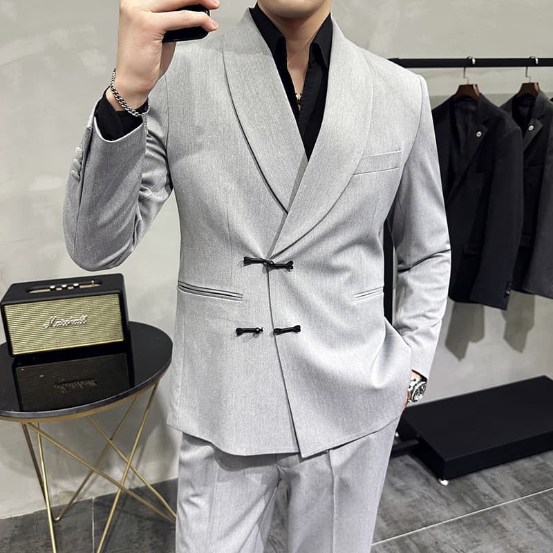 Chinese Style Men's New Casual Mandarin Collar Suit Set Shawl Collar Tuxedo Black Slim Fit Two-Piece