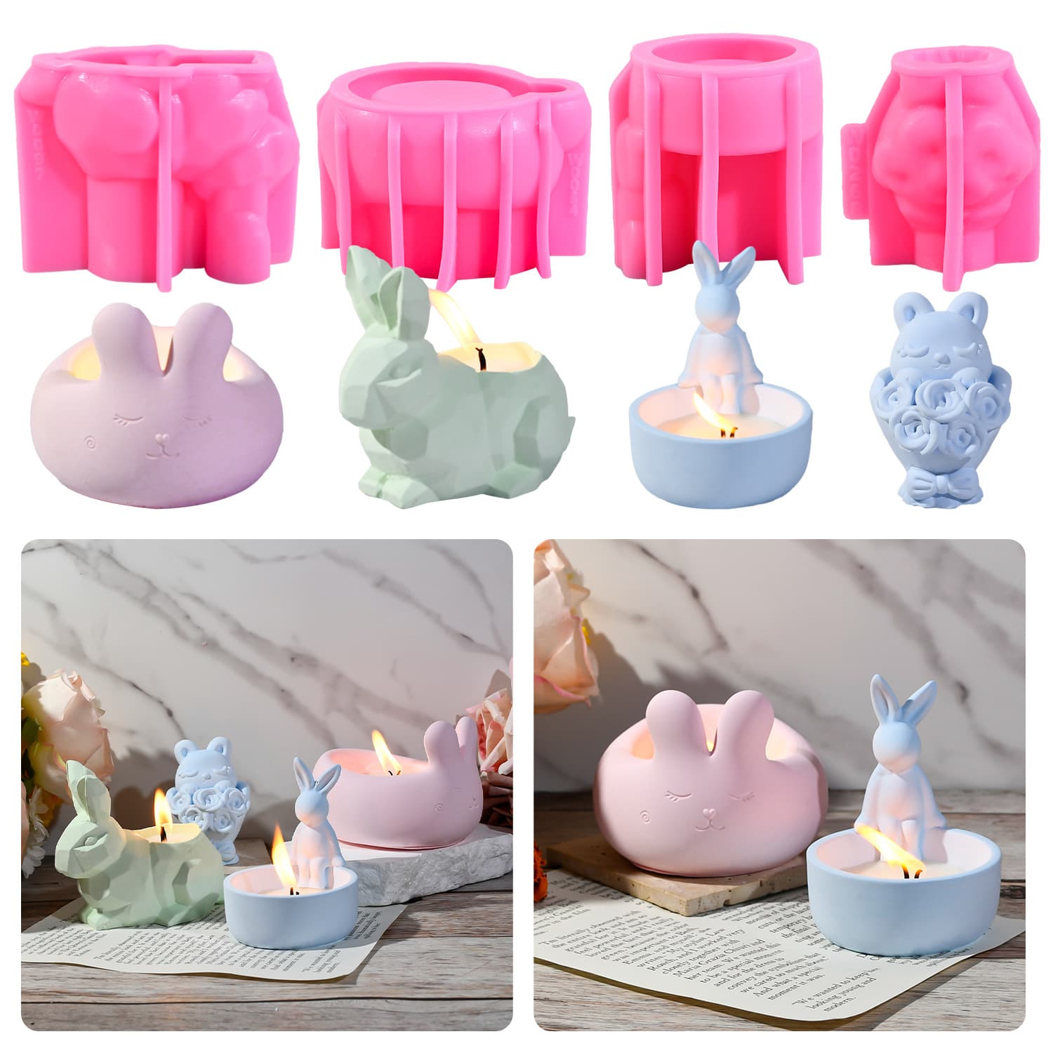 Zhongcheng Rabbit Plaster Ornament Candle Silicone Mold DIY Plaster Silicone Mold Cute Candle Holder Mold