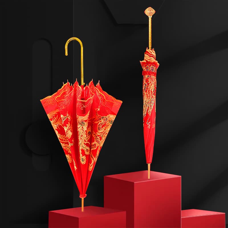 Red Wedding Umbrella for Bride, Lace Embroidered Long Handle Celebration Red Umbrella
