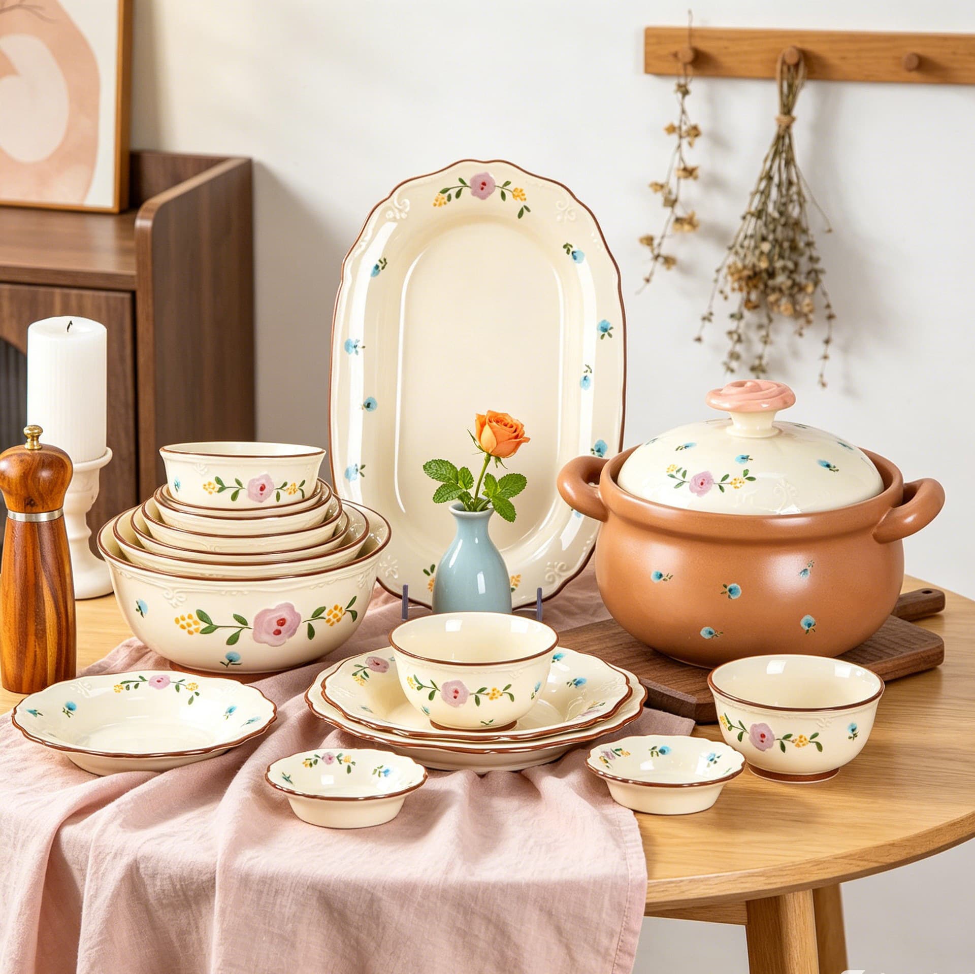 Cream-Colored High-Quality Bowl and Plate Set with Embossed Floral Ceramic Tableware, Underglaze Color, Household Bowls, Plates, Soup Bowls, Dinner Plates