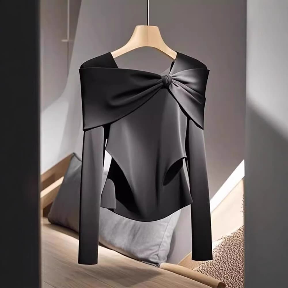 8486 Fashionable Long-Sleeve T-Shirt for Women, Autumn Style Black with Bow, Unique and Beautiful Inner Layering Top