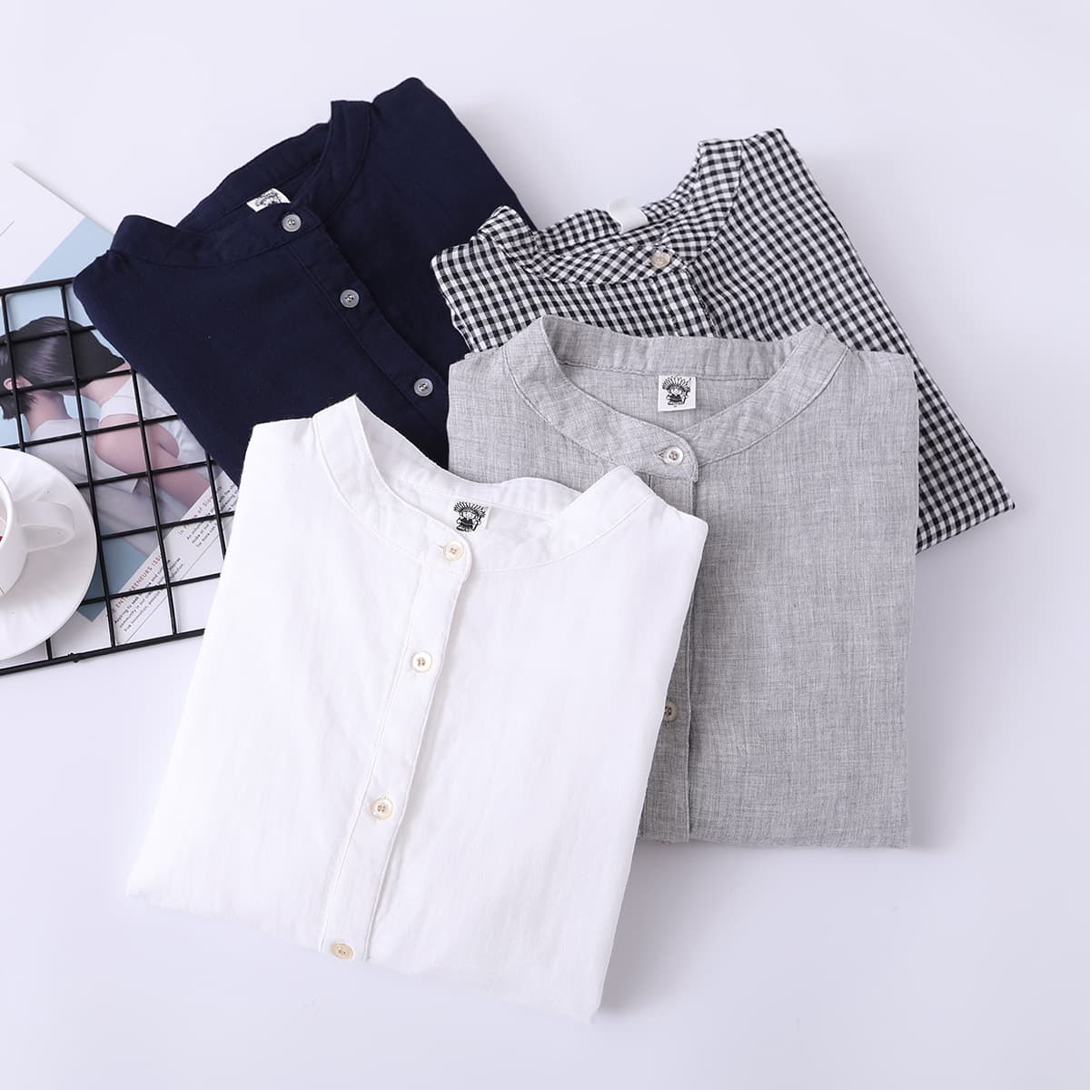 Factory Direct Japanese Cotton Mid-Length Stand Collar Long Sleeve Women's Shirt Double Layer Cotton Gauze Loose Plaid Women's Blouse