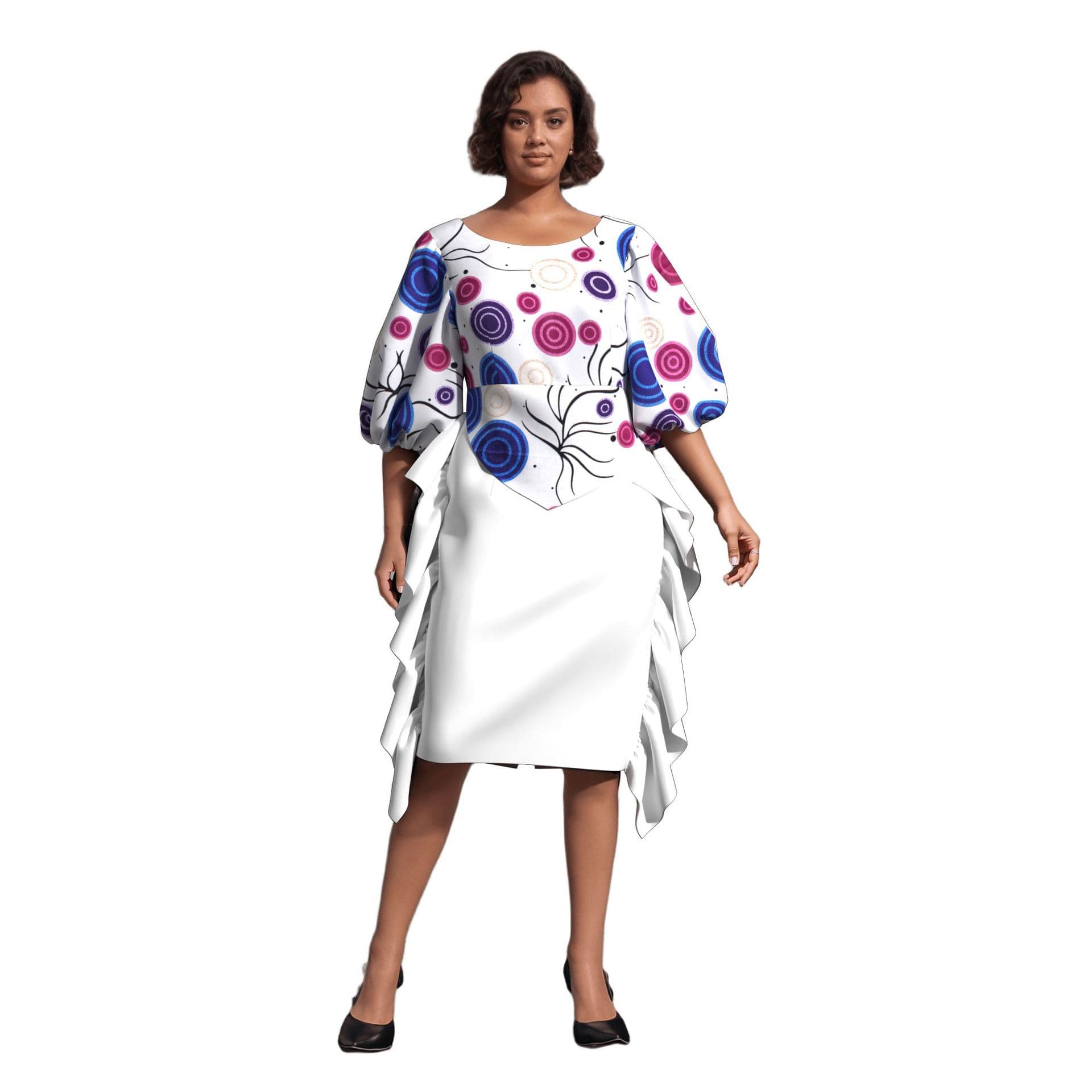 Cross-border foreign trade women's clothing 2025 spring new elegant round neck high waist puff sleeve short sleeve frill dress.