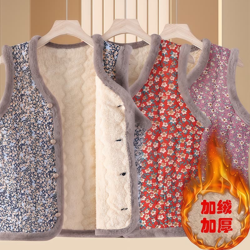 Mom's Fleece-Lined Cotton Vest Jacket, Autumn/Winter New Style, Inner Wear Sleeveless Vest, Middle-Aged and Elderly Women's Clothing, Grandma Retro Cotton Vest