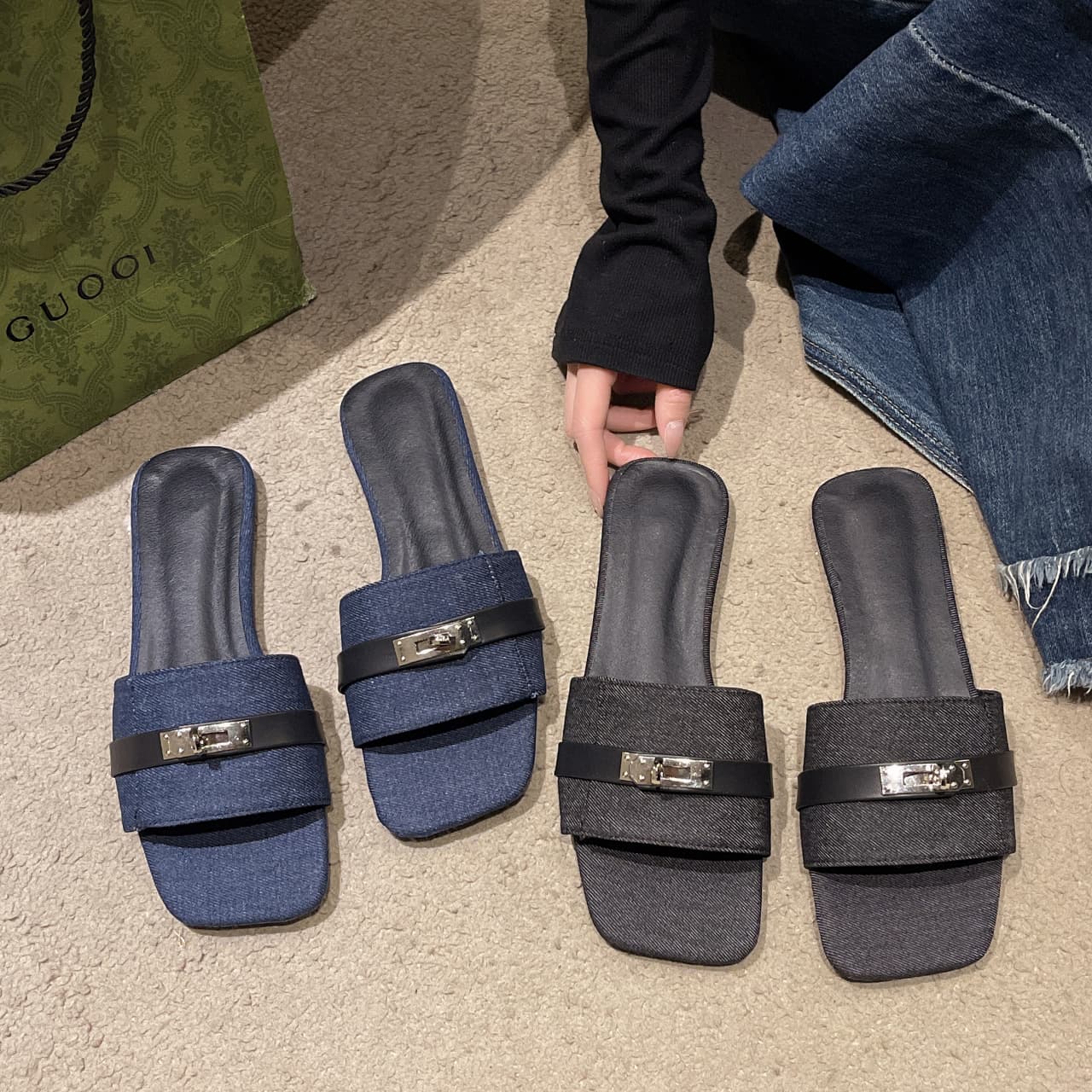 Flat Buckle Slippers for Women 2025 Summer French New Fashion Denim Square Toe Outer Wear Beach Sandals