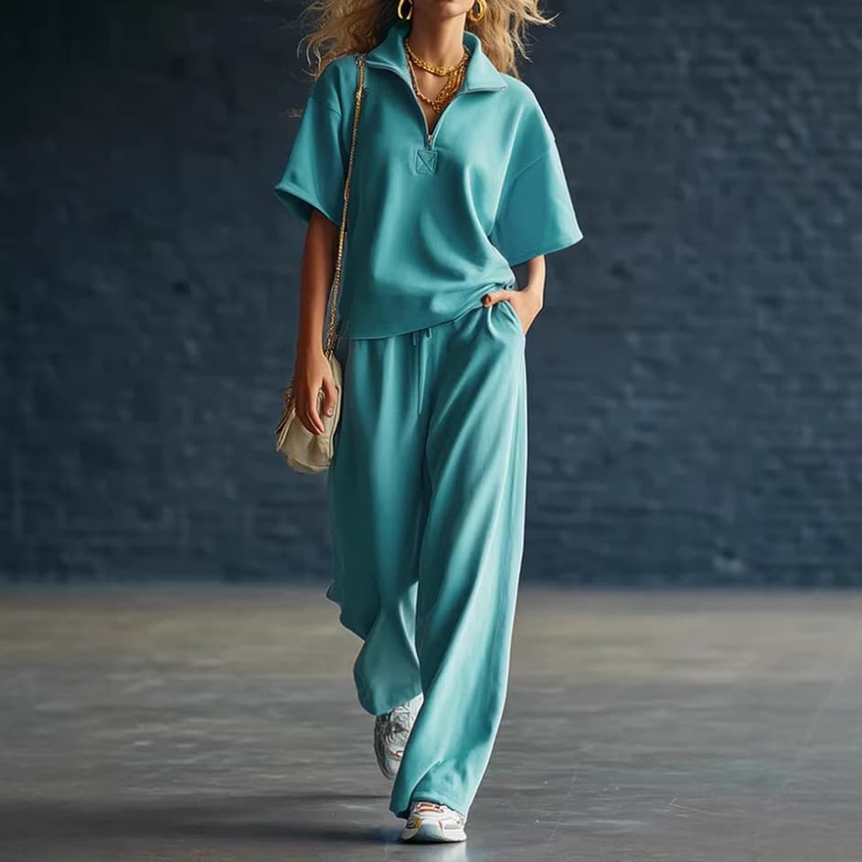 Amazon 2026 Summer New Sportswear Set Short Sleeve Zip Polo Neck Loose Shorts Two-Piece Women