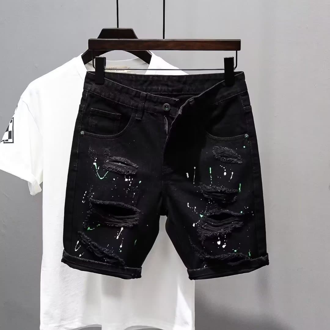 Summer Distressed Thin Denim Shorts Men's Black Versatile Popular Washed Slim Fit Mid-Length Cargo Pants Trendy Youth Brand