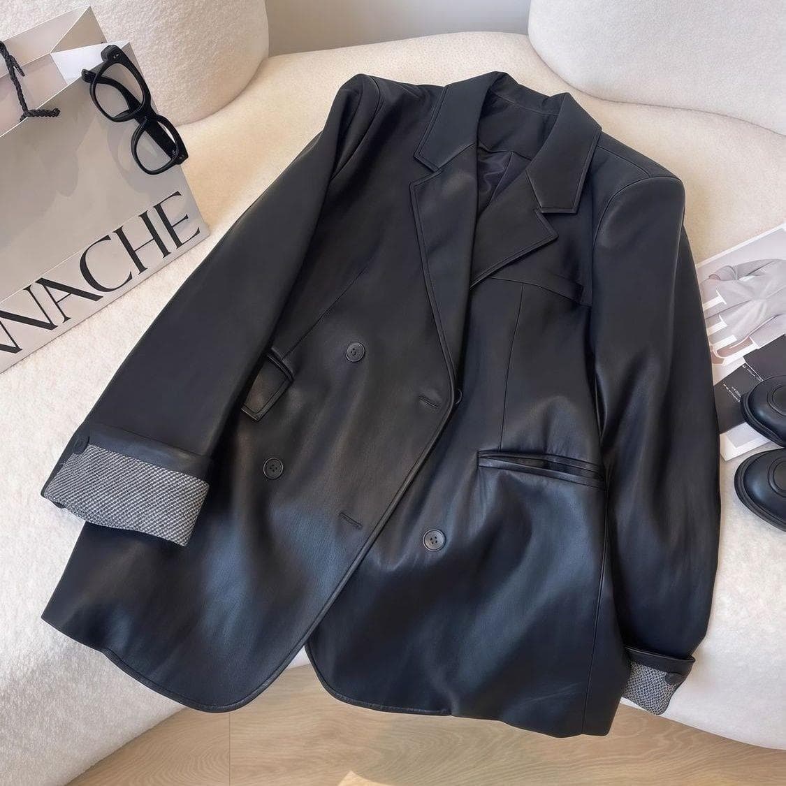 Black PU Leather Blazer Jacket for Women 2025 New Style Korean Loose Fit Jacket Top with Tag