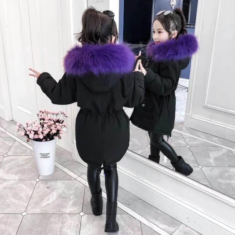 Girls' Winter Parka Fleece-Lined Thickened Fashion Large Fur Collar 2023 New Boys' Winter Cold Weather Parka Trendy