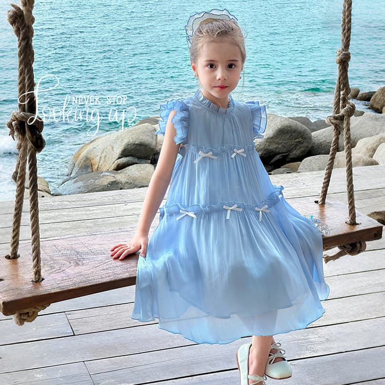 Tutu Little Elephant Girls Lady Dress 2026 New Blue Wave Sea Salt Fantasy Organza Flying Sleeve Princess Dress