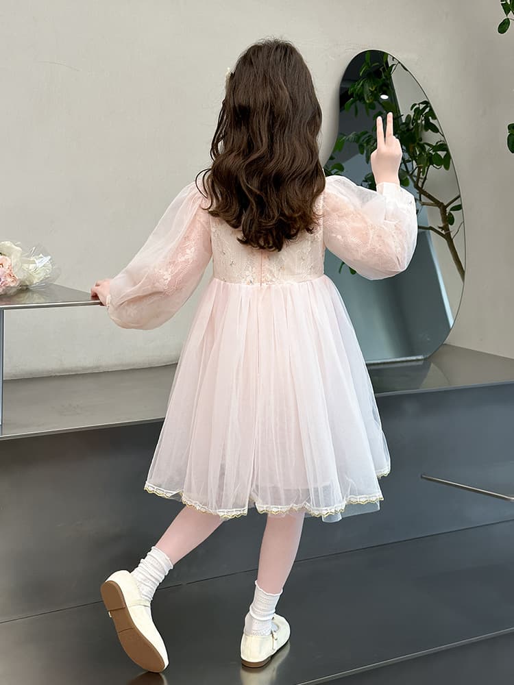 2026 Spring Chinese Style Little Chanel Princess Dress for Girls, Fashionable Long-Sleeve Mesh Birthday Gown, Export Quality