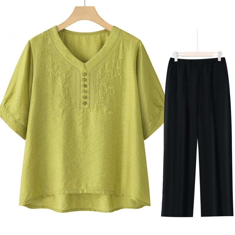 Mom's Summer Stylish T-Shirt and Pants Set, Chinese-Style Middle-Aged and Elderly Women's Plus Size Loose Fit New Chinese Women's Clothing