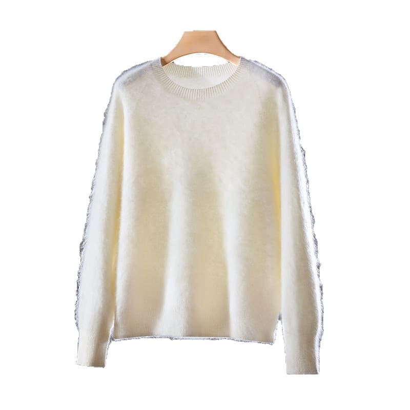 Heavyweight Cashmere Brushed Sweater for Women Seamless Crew Neck Wool Pullover Autumn Winter Loose Warm Soft Fluffy Top