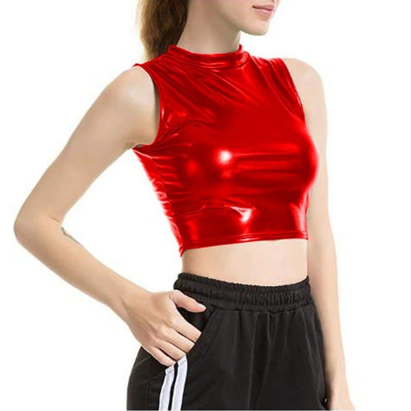 Summer O-Neck Mini Top Women's Fashion High Street Fitted Vest Shiny Metallic Dance Crop Top
