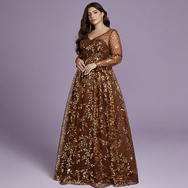Plus Size Dress 2025 New Arrival Slim Fit Cocktail Party Prom V-Neck Long Sleeve Adult Gown
