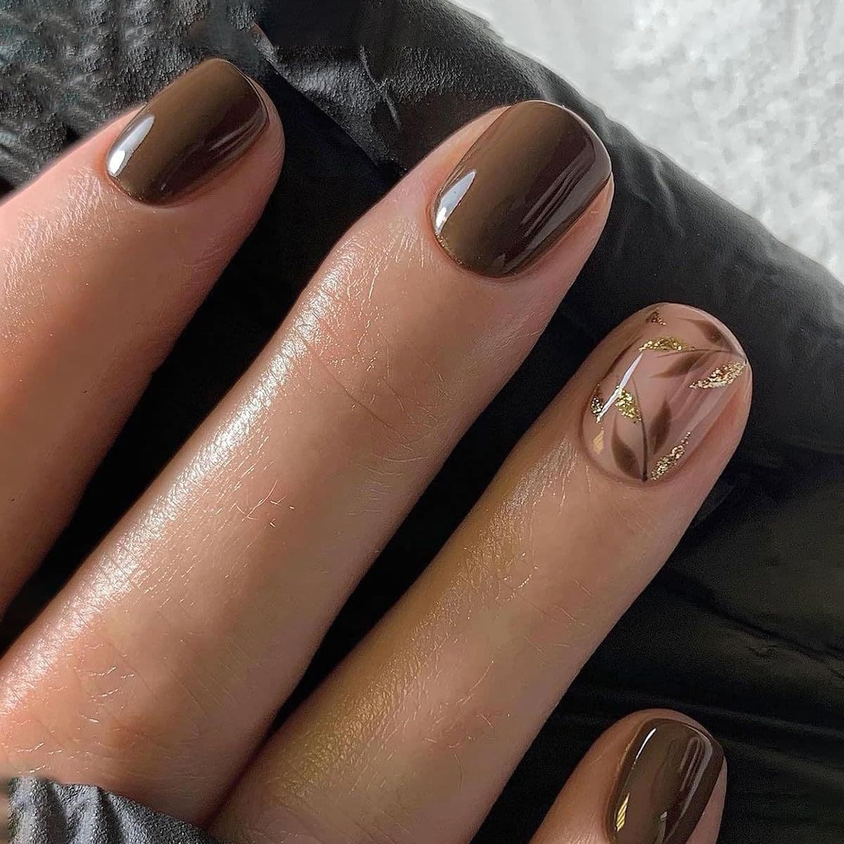 Brown Wearable Nails Solid Color Leaves Gold Glitter Short Square Manicure Autumn Winter Dark Brown Foreign Trade Manicure