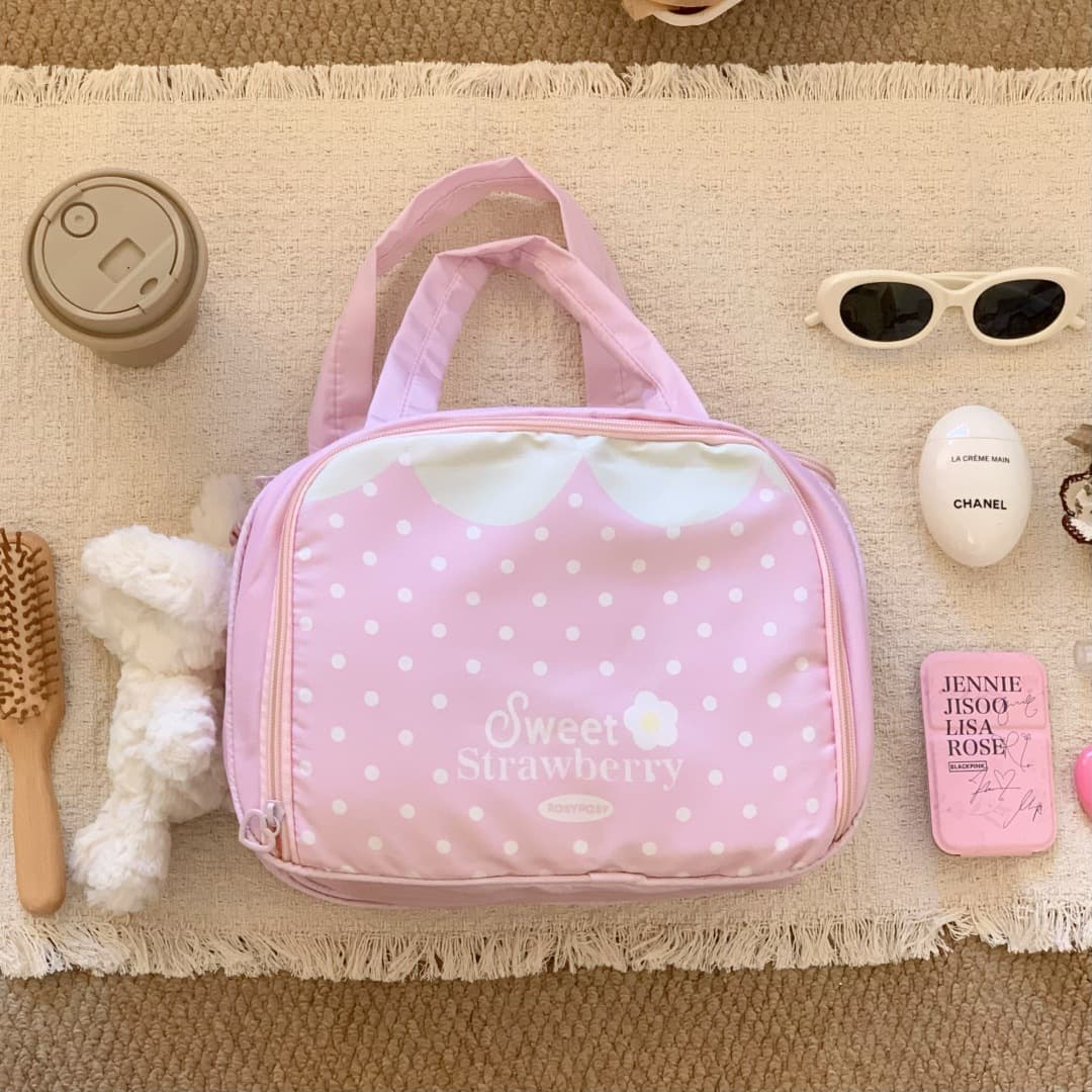 2026 New Style Makeup Bag, Pink Polka Dot 3D Multi-Compartment Cosmetic Pouch, Portable Handheld Storage Organizer