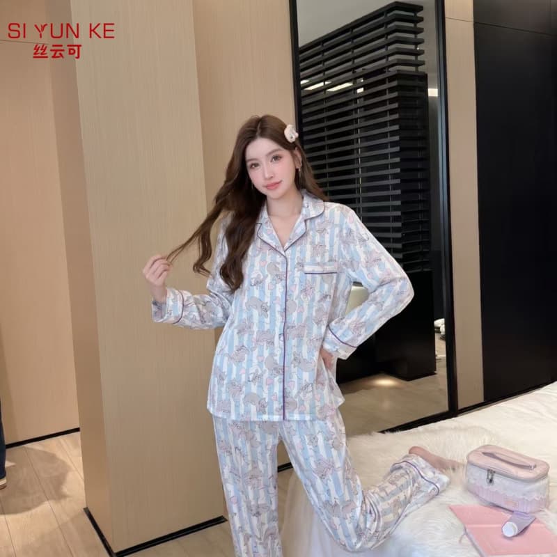 New Spring/Autumn Ice Silk Pajamas for Women, Long Sleeve Cartoon Cute Loungewear, Satin Set, Light Luxury Sweet, Wearable Outside