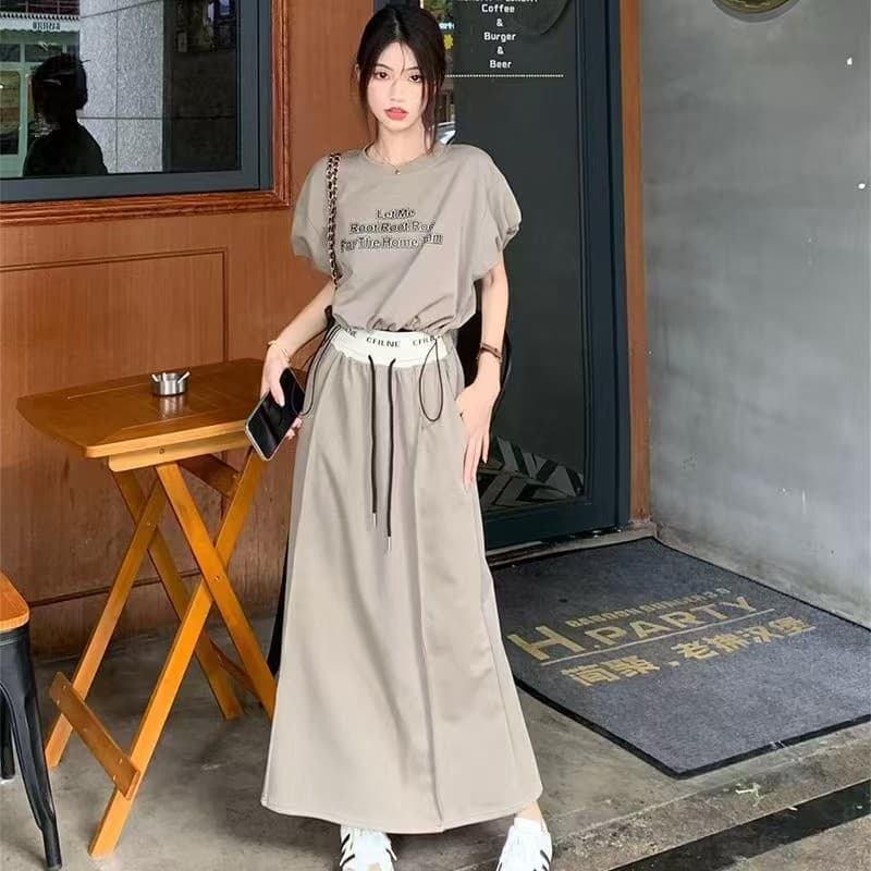 Salty Street Style Sportswear Skirt Set for Women, Summer Premium Anti-Aging Fashion Short Sleeve Half Skirt Two-Piece Set Trendy