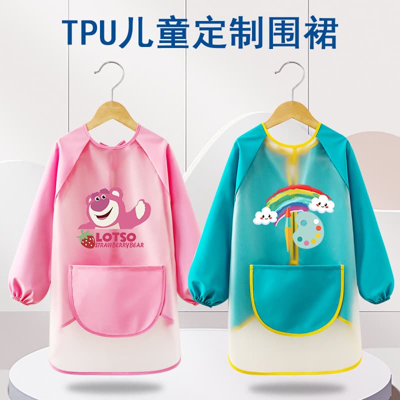 TPU Wash-Free Long-Sleeved Children's Painting Apparel, Waterproof Stain-Resistant Kindergarten Cartoon Art Apron, Back-Fastening Wear