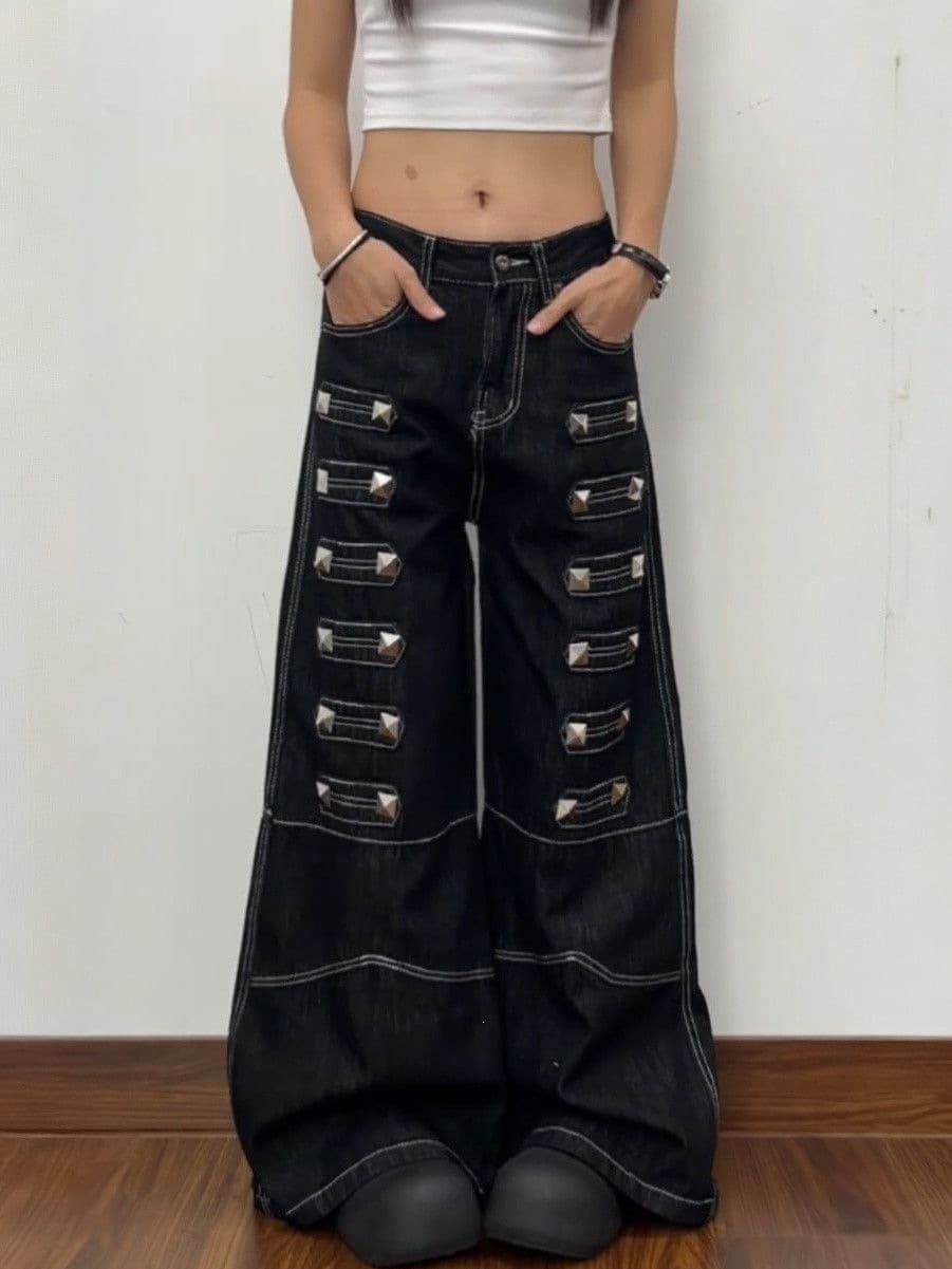 American High-Street Plus Size Washed Rivet Design Jeans for Women, Street Style Straight Loose Wide-Leg Draped Long Pants