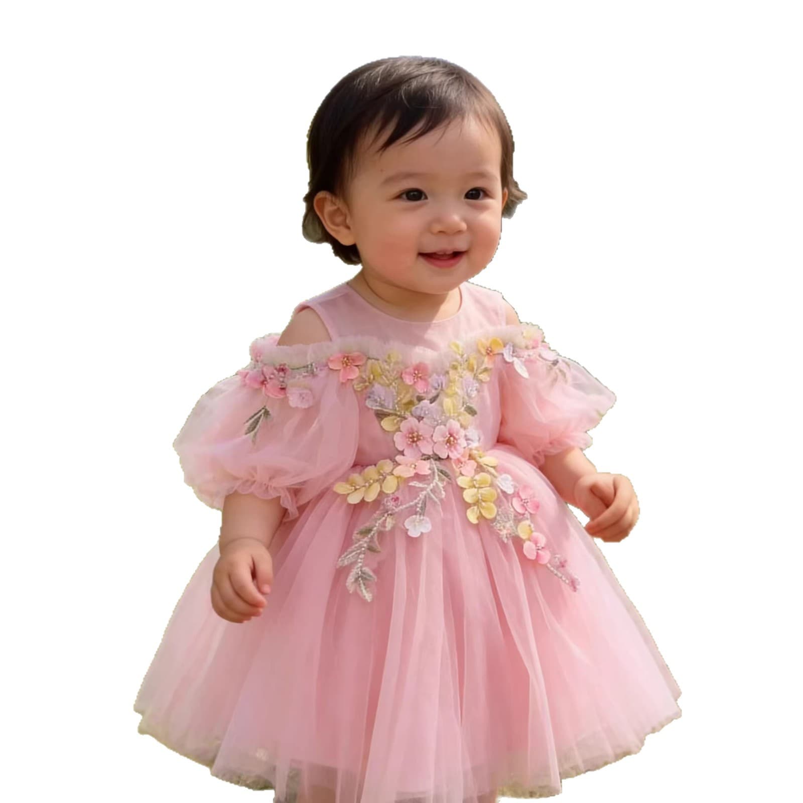 2026 New Foreign Trade Girls First Birthday Dress White 3D Floral Off-Shoulder Tulle Tutu Flower Girl Performance Dress