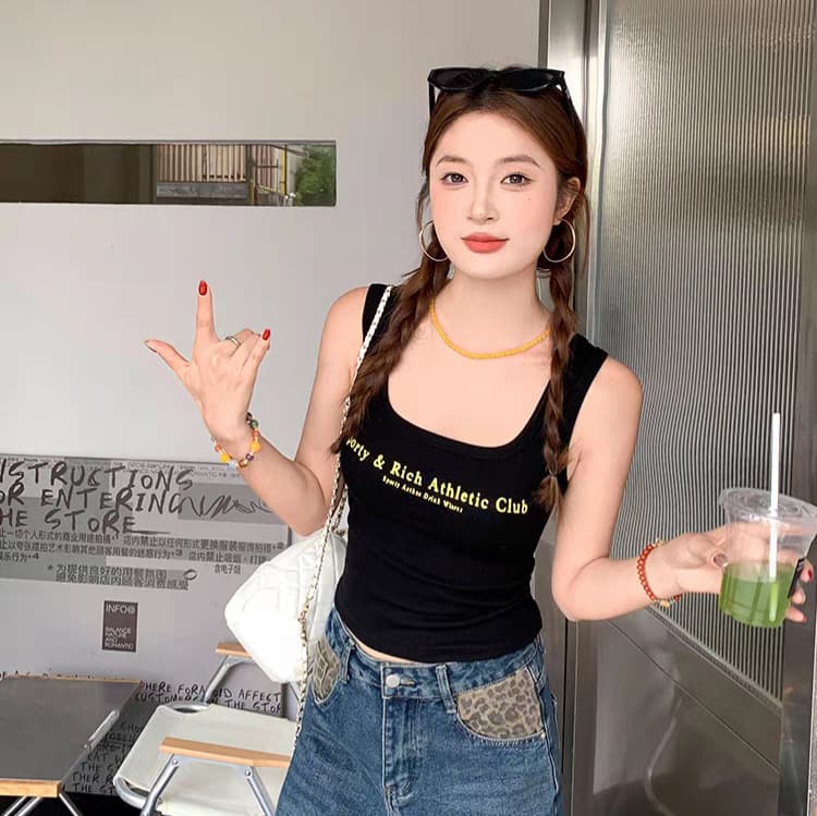 146# Summer New Style Pure Desire U-Neck Letter Print Patchwork Sleeveless Vest Fitted Women's One-Piece with Built-in Pads