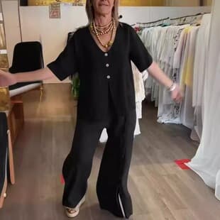 2026 New European and American Style Black V-Neck Linen Suit Women's Loose Casual Wide-Leg Pants Two-Piece Set Fashion Office