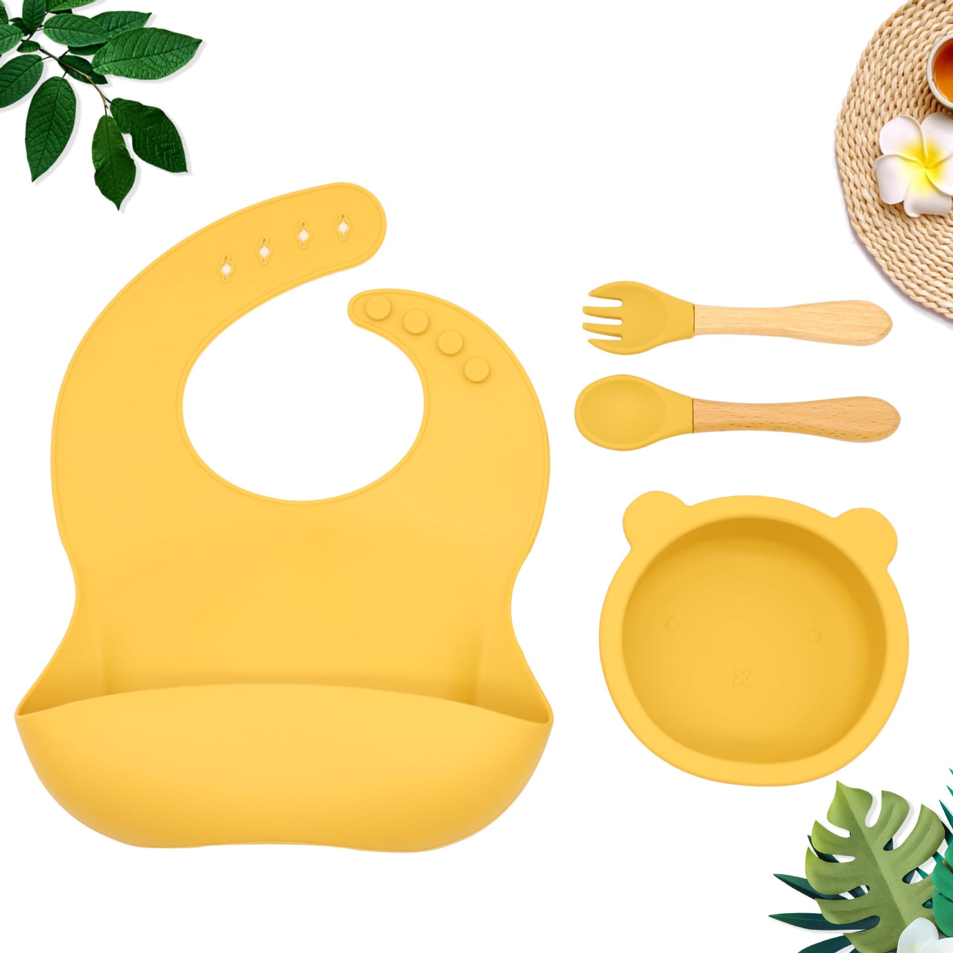 Wholesale baby silicone three-dimensional bib panda suction cup bowl wooden handle spoon fork complementary food training tableware set four-piece set