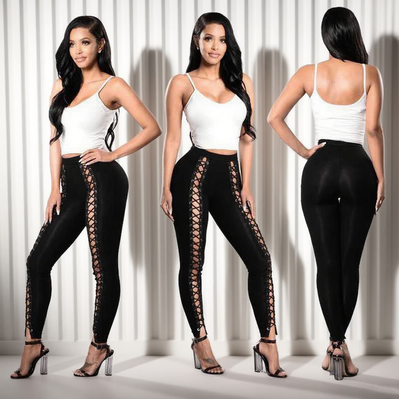 Amazon New Style Patchwork Ankle Pants with Front Eyelet Lace-up Leggings, Tie-up Women's Wearable Skinny Pants