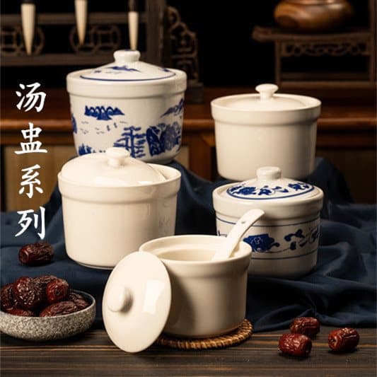Blue and white porcelain soup jars from Jiangxi earthenware, for steaming rice and soup, commercial or home use, ceramic stew pots for double-boiling.