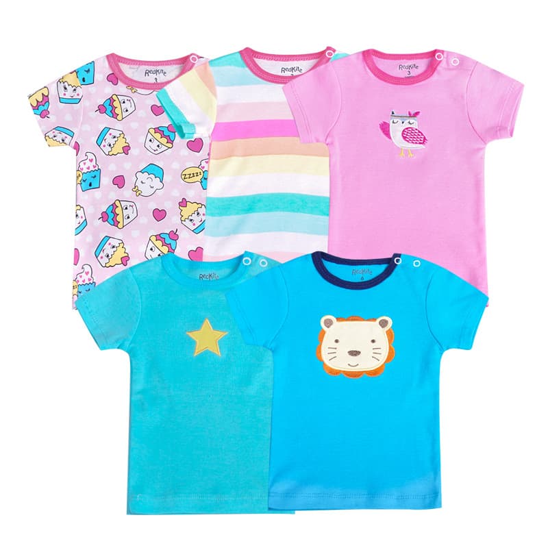 Baby Shoulder Open Collar Button Short Sleeve T-Shirt 5 Pack Summer Thin Cotton Short T-Shirt for Baby Boys and Girls