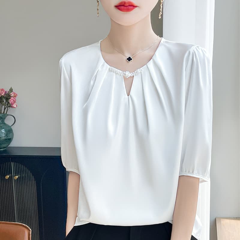 French Satin Round Neck Short Sleeve T-Shirt Women's 2025 Summer New Solid Color Pleated Loose Fitting Base Top